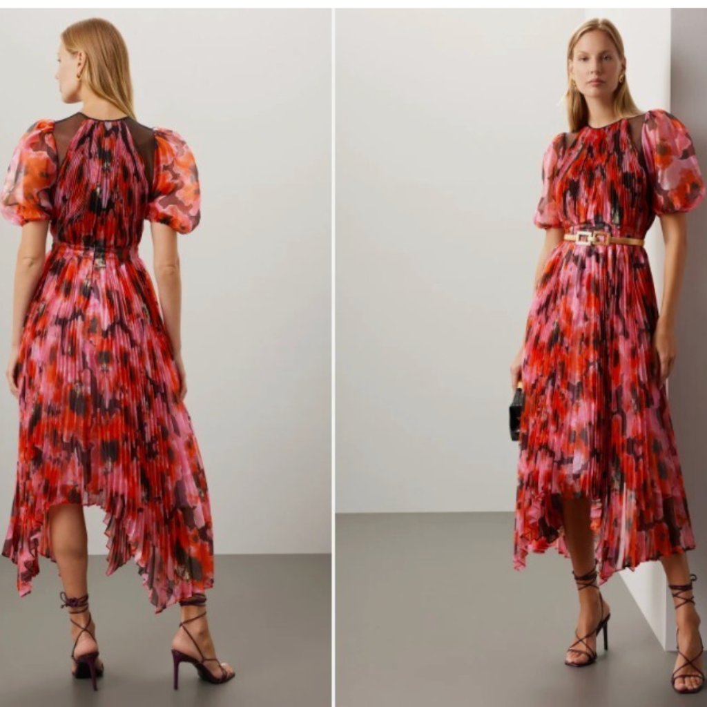 Bibhu Mohapatra Collective Dress Gown Pleated Floral Midi Pink Size 6 *Read Flaw